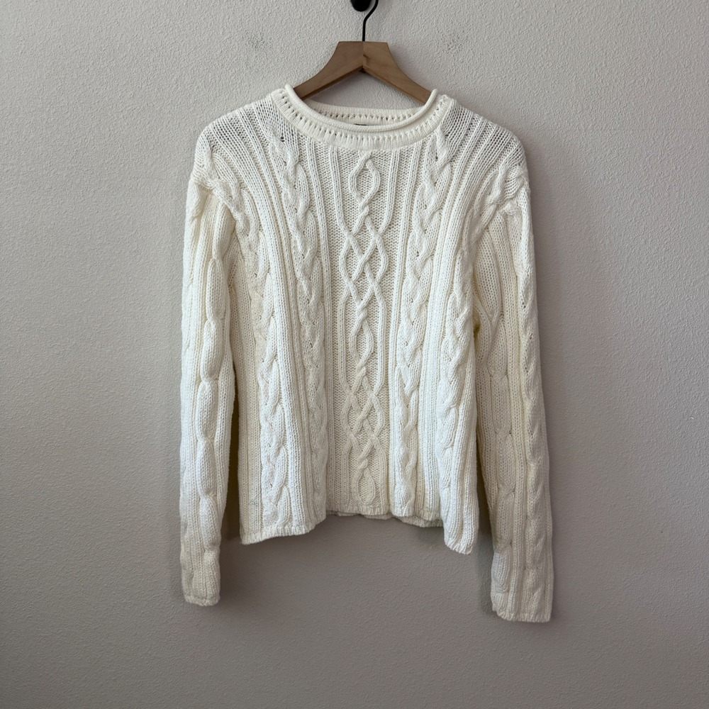 VINTAGE Womens Cotton Roll Neck Cable Knit Sweater Size L Fisherman Nautical
